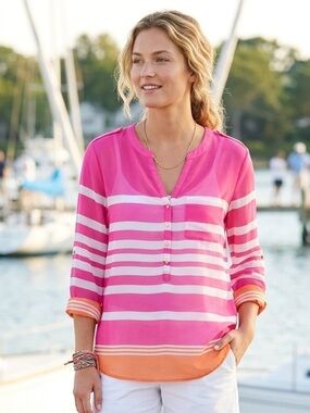 Apt. 9 Pink and Orange Striped V-Neck Blouse